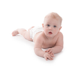 Cute little baby in diaper on white background