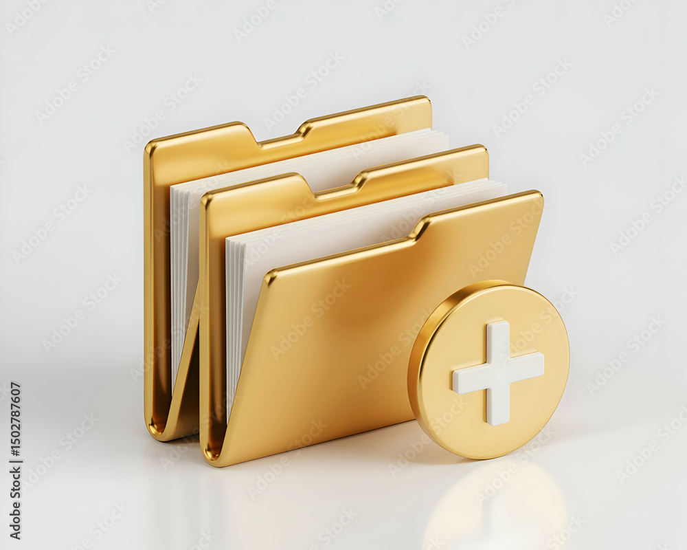 Poster gold folders with add icon digital file management concept