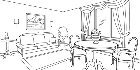Living room graphic black white home interior sketch illustration vector 