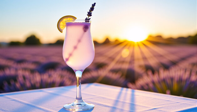 Lavender Lemonade Fizz in elegant flute glass with lemon twist and lavender sprig, sunlit lavender field backdrop, golden hour, dreamy lighting, modern beverage photography
