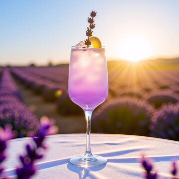 Lavender Lemonade Fizz in elegant flute glass with lemon twist and lavender sprig, sunlit lavender field backdrop, golden hour, dreamy lighting, modern beverage photography