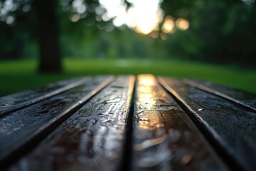 Park picnic table at sunset.  Close-up view of wet wood planks, blurred background of trees and grass