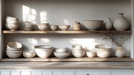 Two wooden shelves displaying a collection of light beige ceramic bowls, dishes, and vases. Sunlight streams through, casting shadows