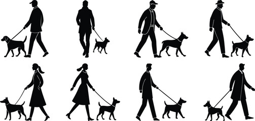Person walking with dog silhouette set. Collection of vector illustrations on transparent background