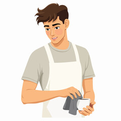 Flat vector illustration of a calm young male barista pouring coffee into a cup