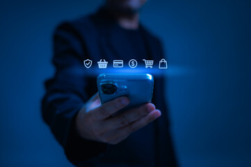 Blue Hand Shopping Secure Credit Modern Network For Online Shopping Cart Financial Security