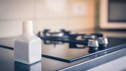 Clean kitchen countertop with electric cooker and detergent bottle, minimalist modern cooking space