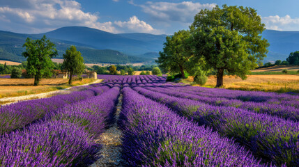 Fototapeta premium Close-up of lush violet lavender fields blanketing the tranquil region of Provence