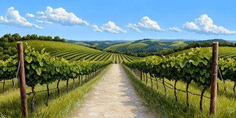 Fototapeta premium Sunlit Vineyard Path Through Rolling Green Hills