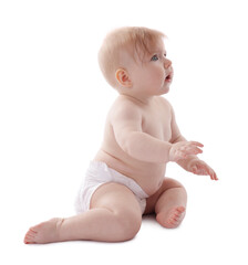 Cute little baby in diaper on white background