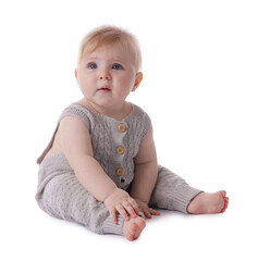 Fototapeta premium Cute little baby in knitted romper on white background