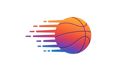 A vector graphic of a colorful basket ball bouncing with dynamic motion lines, centered on a white background
