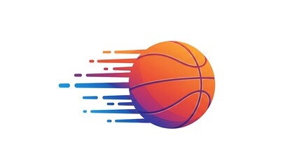 A vector graphic of a colorful basket ball bouncing with dynamic motion lines, centered on a white background
