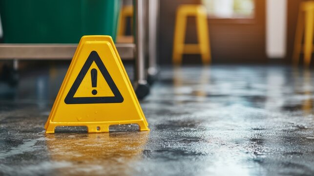 Ensuring Restaurant Safety: Wet Floor Sign by Plate Washing Area for Cleaning Protocol