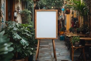 Blank menu board on rustic street with lush greenery and outdoor