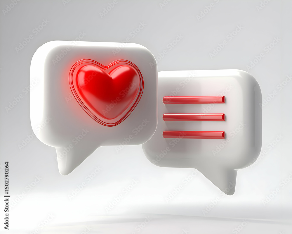 Aufkleber 3d render of white speech bubbles with red heart and lines icon