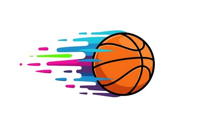 A vector graphic of a colorful basket ball bouncing with dynamic motion lines, centered on a white background
