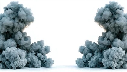 Symmetrical Dark Gray and Blue Smoke Clouds Billowing Against Bright White Backdrop