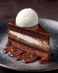 Decadent chocolate cake slice with ice cream scoop