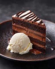 Chocolate mousse cake slice with vanilla ice cream