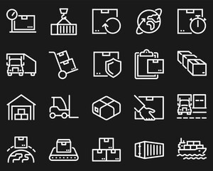 Simple Set of Package Delivery Related Vector Line Icons. Contains such Icons as Warehouse, Worldwide Shipping, Package Return and more white