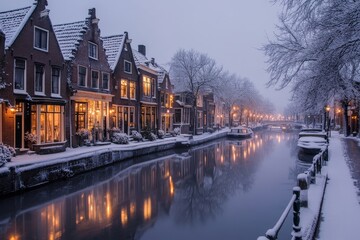 Fototapeta premium Frozen canal lined with quaint houses and softly glowing streetlights, Generative AI