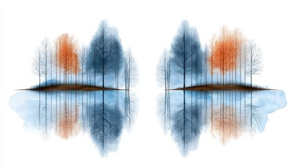 Fototapeta premium Symmetrical Watercolor Tree Illustration in Blue and Orange with Water Reflections