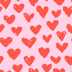 Pink and red colors seamless pattern with watercolor hearts. Vector pencil or chalk hand drawn background