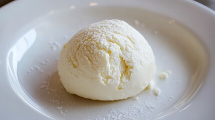 A scoop of vanilla ice cream dusted with powdered sugar on a white plate
