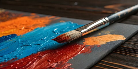 Fototapeta premium Artist paintbrush on palette with vibrant colors