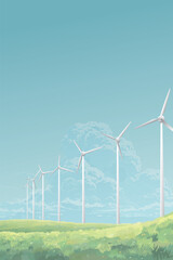 Wind turbines on the hill in countryside landscape with blue sky vertical background graphic illustration. Sustainable renewable green energy concept have blank space.