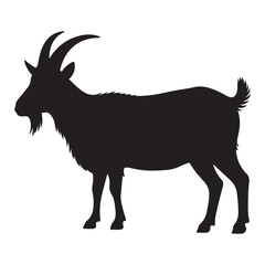  black coloor Goat silhouette with antlers on white background in cartoon wildlife style
