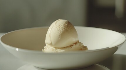 A scoop of vanilla ice cream in a white bowl