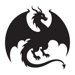 Black and white dragon and bat vector illustration in fantasy silhouette style