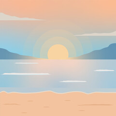 beach or island landscaped vector illustration template graphic design .  sea and nature sunset view sign or symbol for adventure and wanderlust travel business