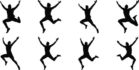Silhouettes of jumping people set. Collection of person jumping vector illustration on transparent background, PNG