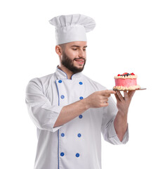 Happy confectioner in uniform holding delicious cake with berries on white background