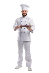 Happy confectioner in uniform holding delicious eclairs on white background