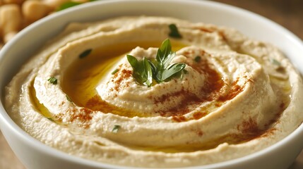 A bowl of hummus garnished with olive oil and paprika