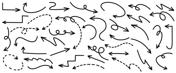 Dotted arrows hand drawn black sketch direction symbols collection on white background, Flat Illustration

