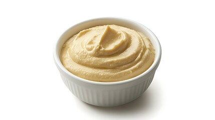 A bowl of creamy hummus on a white background