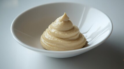 A scoop of beige cream in a white bowl