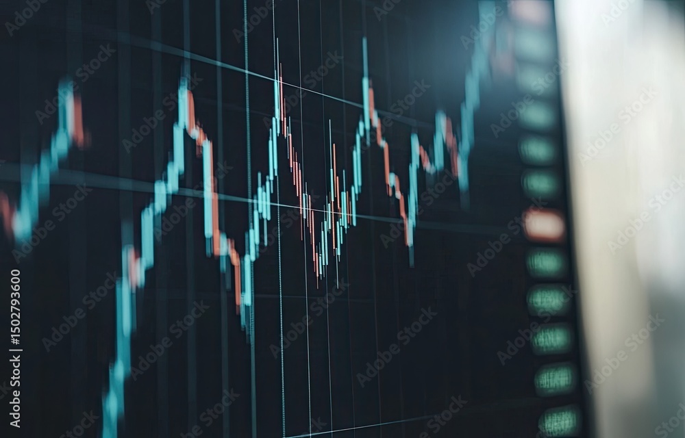 Poster fluctuating stock market data displayed on a monitor. detailed graph shows up and down trends of inv