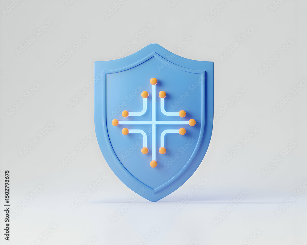 Poster 3d render of blue shield with connected nodes representing data protection