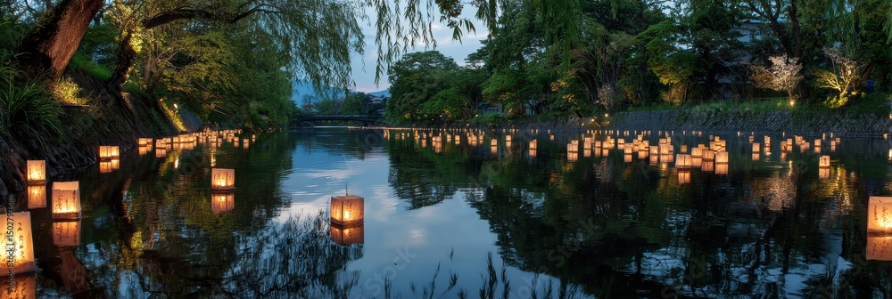 Leinwandbilder glowing lanterns reflect in a tranquil river at dusk creating a calming atmosphere for evening relax