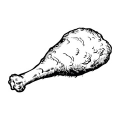 A hand-drawn illustration of a chicken drumstick. The drumstick is depicted with a textured surface, showcasing its meaty and crispy appearance. It is isolated on a white background.