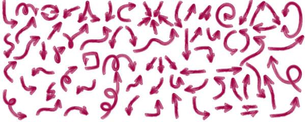 Burgundy arrows hand drawn horizontal set curved and expressive movement sketch, Flat Illustration

