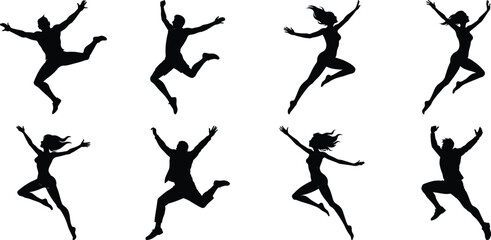 Silhouettes of jumping people set. Collection of person jumping vector illustration on transparent background, PNG