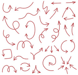 Dark red arrows hand sketched curved direction elements vibrant tone minimal set, Flat Illustration

