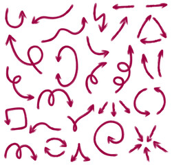 Dark pink arrows hand drawn set sketch curved direction symbols with dynamic style, Flat Illustration

